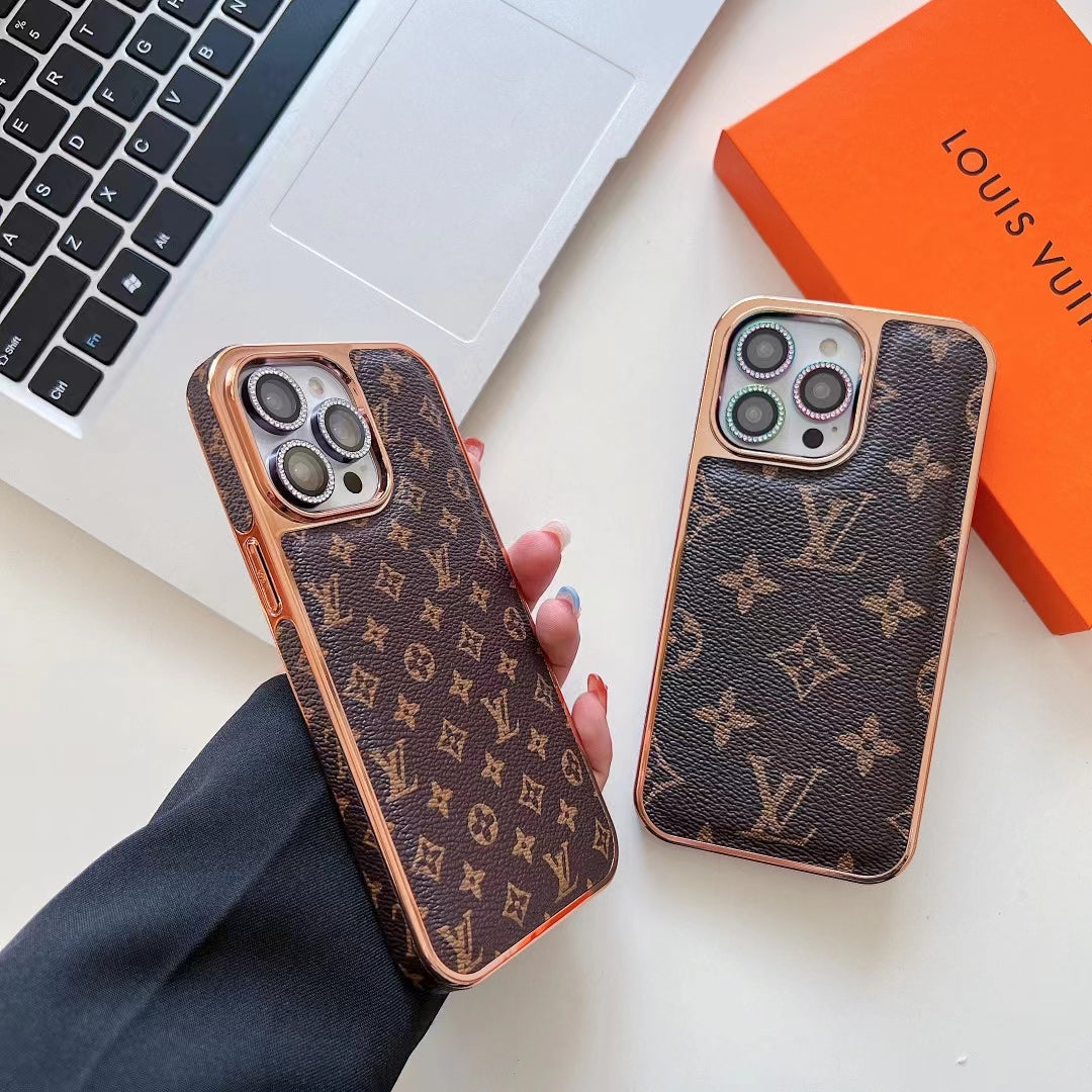 Louis Vuitton iPhone Case Luxury Classic Leather Rhinestone Lens