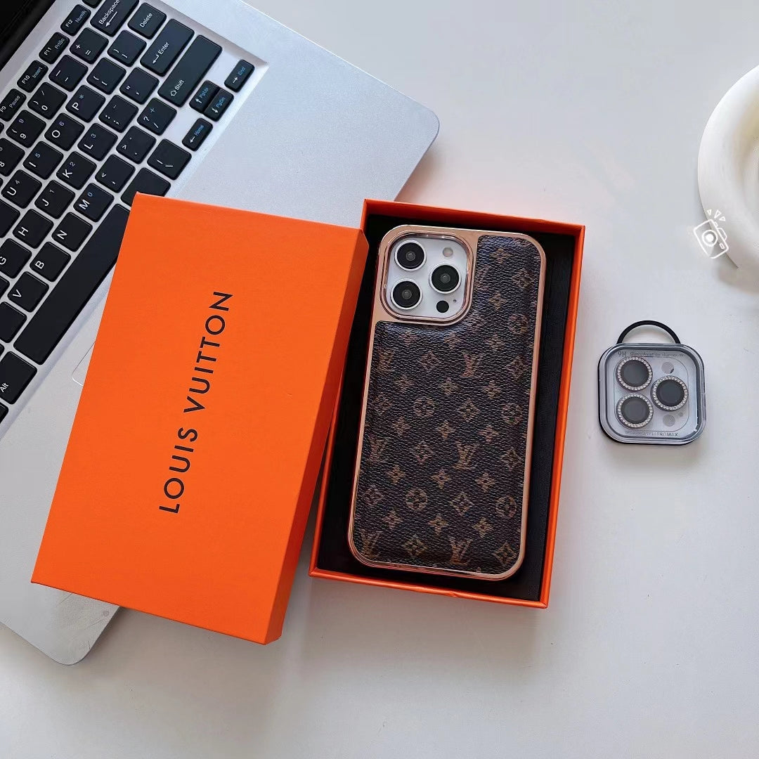 Louis Vuitton iPhone Case Luxury Classic Leather Rhinestone Lens