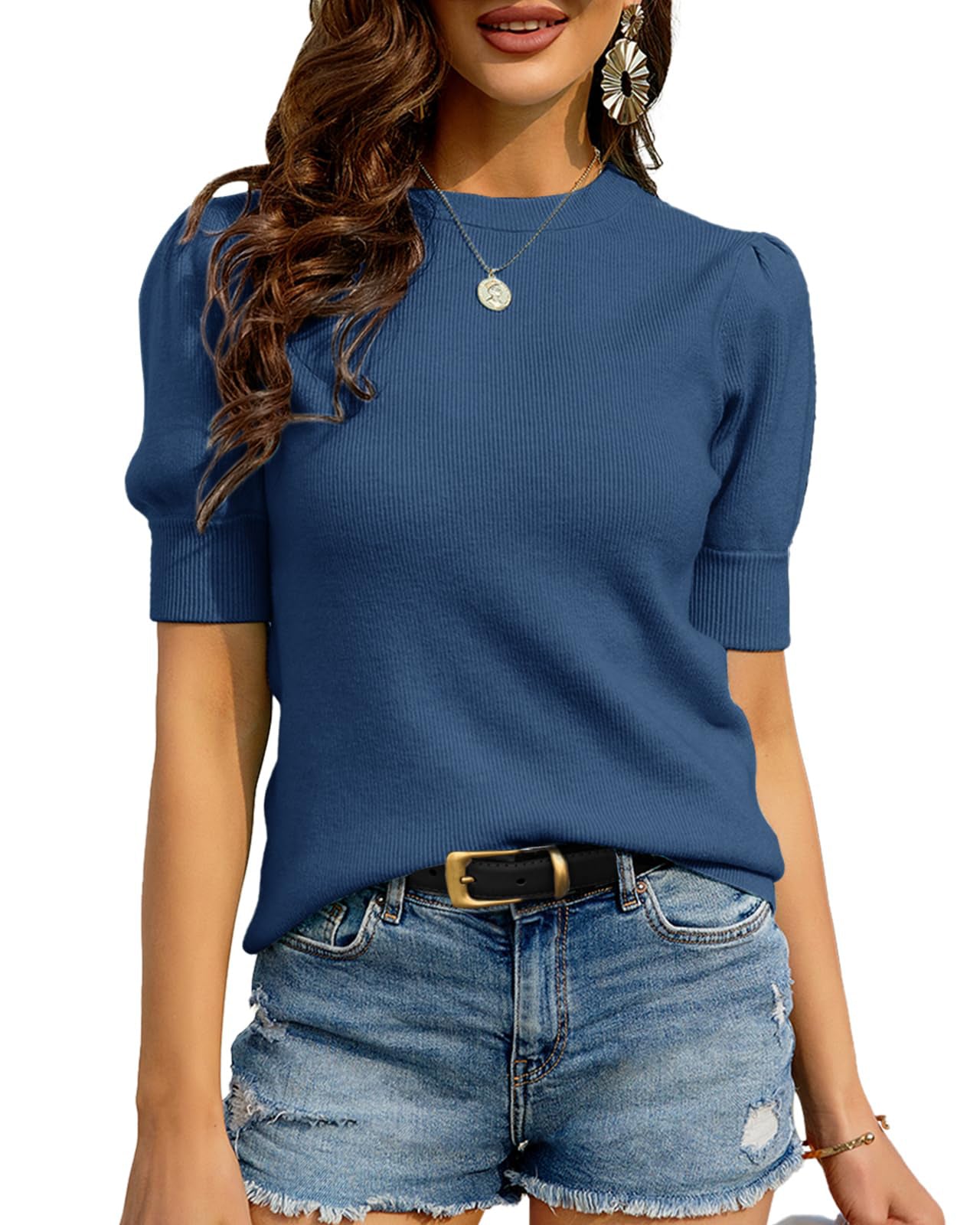 Women's Navy Blue Crewneck Short Sleeve Sweater